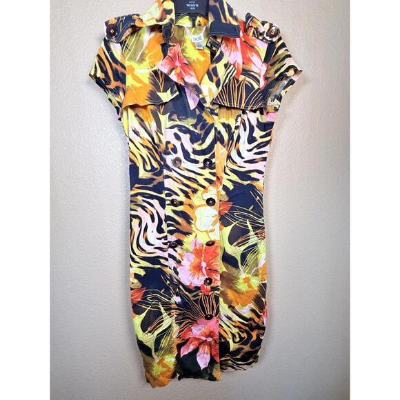 Cache Women’s Dress Sz 4 Button Front Short Sleeve Safari Floral Animal Print - Picture 1 of 8